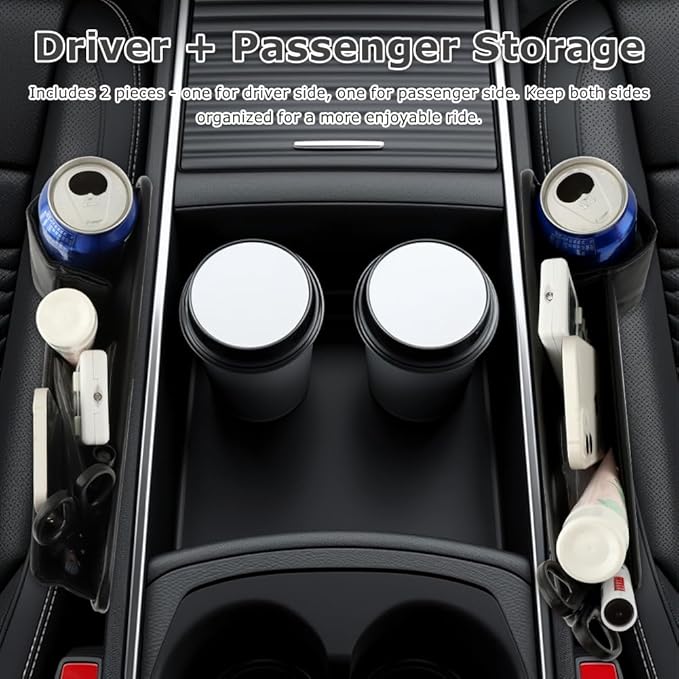 2-Pack Car Seat Gap Filler Organizer, Leather Storage Box with Cup Holder for Driver & Passenger Side, Gap Bag Front Seat Car Storage Accessories for Phone Keys Sunglasses Wallet(COLOR:Black)