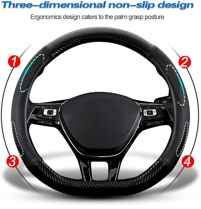 Car Carbon Fiber and Leather D-Shape Steering Wheel Cover, Stylish car Non-Slip Leather car Interior 15 inches Universal Black
