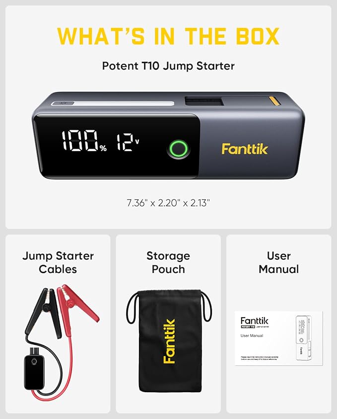 Fanttik Potent T10 1800A Portable Jump Starter, 12000mAh Power Bank, 12V Safe Lithium Jump Box with Smart SenseClamp,