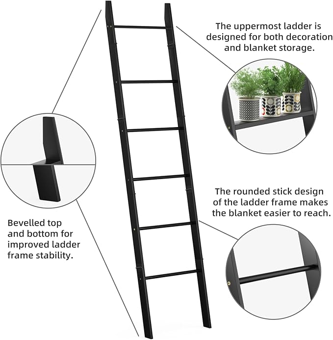 BAMBANG 6-Tier Blanket Ladder for Living Room, Blanket Quilt Ladder Rack Rustic Decorative Towel Holder, Wall Leaning Blanket