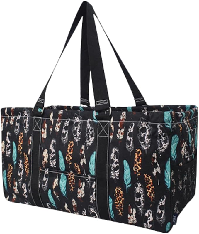 NGIL Extra Large Utility Tote Reusable Grocery Bag Oversized Collapsible for Groceries, Storage, Picnic, Beach (Wild Feather-Black)