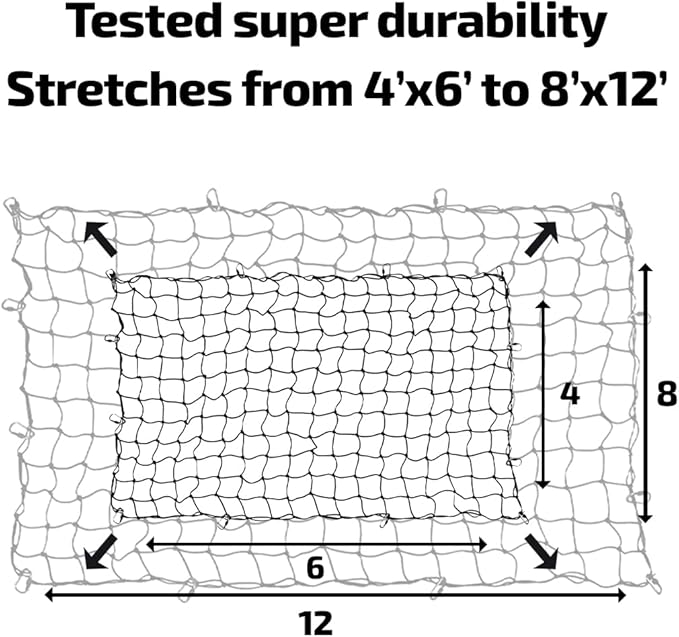 Cargo Net for Pickup Truck Bed-4' X 6' Stretches to 8' X 12'-Bungee Truck Cargo Net for Trucks, SUVs & Cars-4”x4” Mesh Sized Cargo Netting for Car Bed & Roof Rack to Hold Various Loads