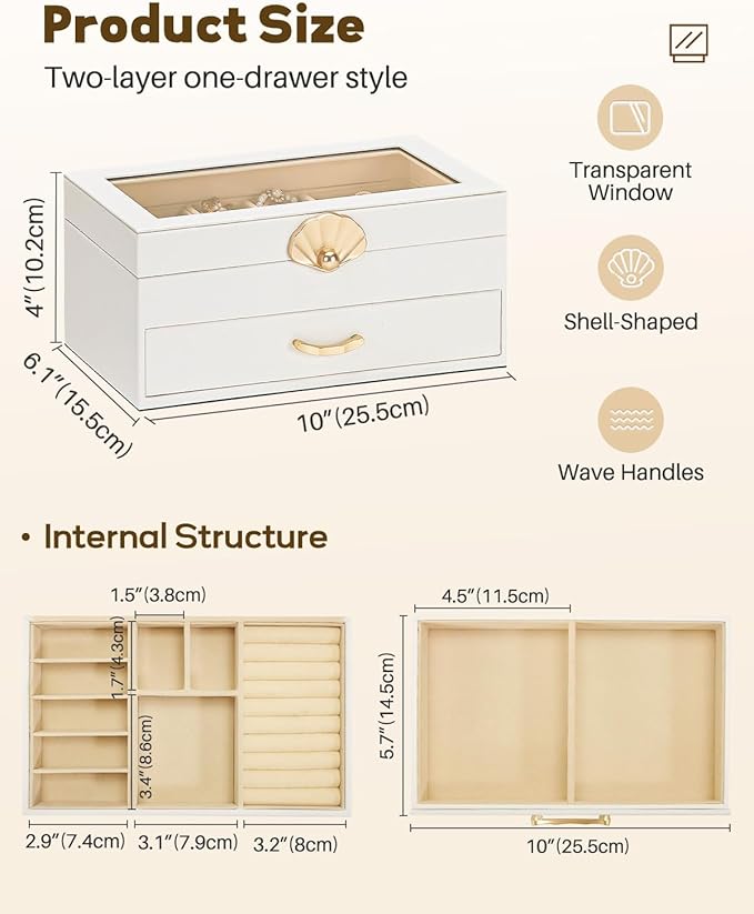 Enthralite Jewelry Box with 1 Drawers: Display Organizer for Earrings Necklaces - Christmas Gifts for Girls Women (White)