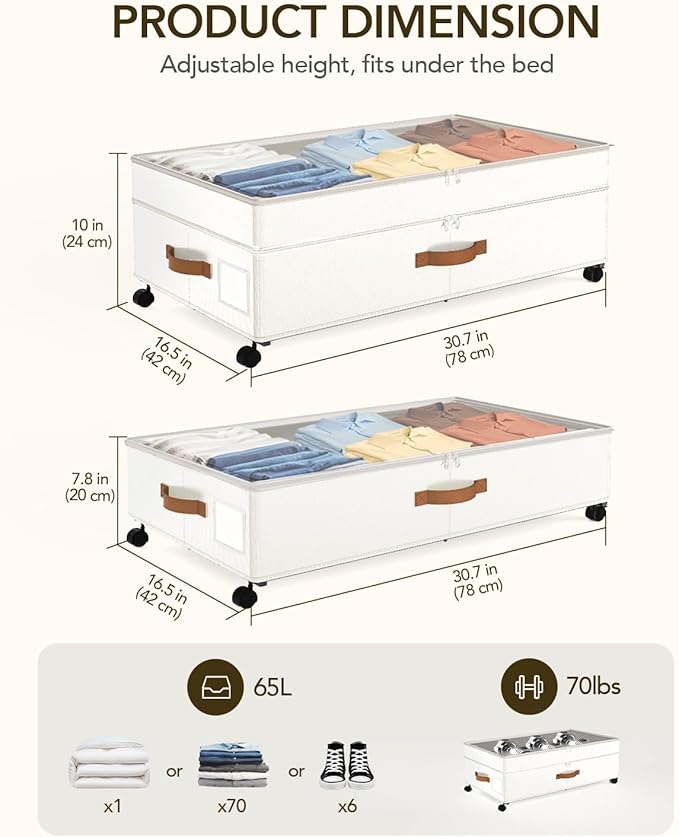 Under Bed Storage with Wheels, 10 inches Under Bed Storage Containers, 65L XXL Large Adjustable Underbed with Lids, Rolling U