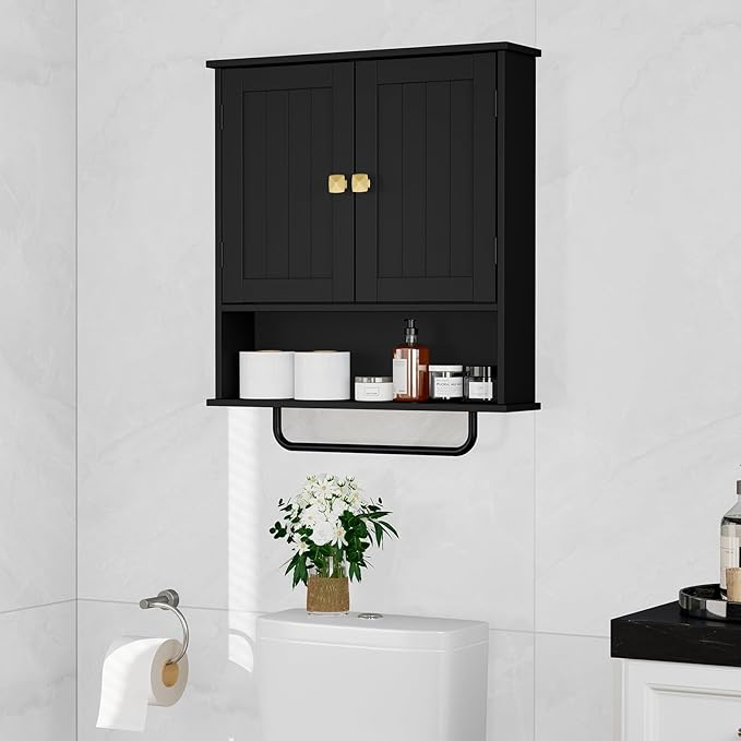 RRX Bathroom Cabinet Wall Mounted Medicine Cabinets with Towels Bar, Over The Toilet Storage Cabinet with 2 Doors and Adjusta