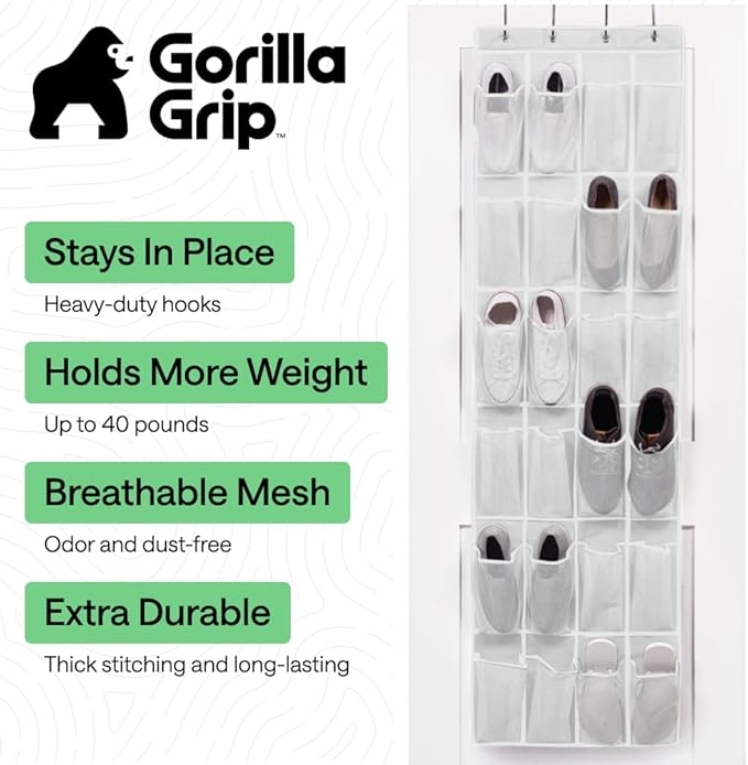 GORILLA GRIP Over the Door Shoe Organizer, 2 Pack, 24 Breathable Mesh Pockets, Space Saving Hanging Storage Holder, Closet Ra