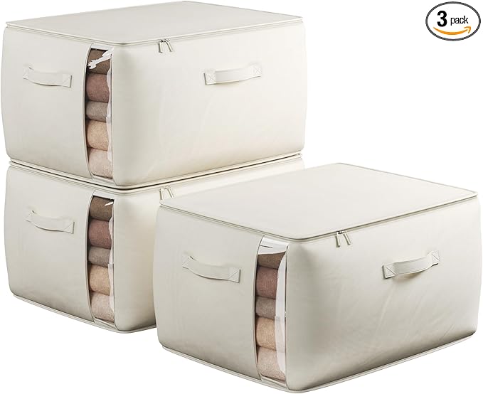 Large Canvas Clothes Storage Bags with Thick Handles and Clear Window, Foldable Cotton Linen Underbed Closet Organizer for Cl