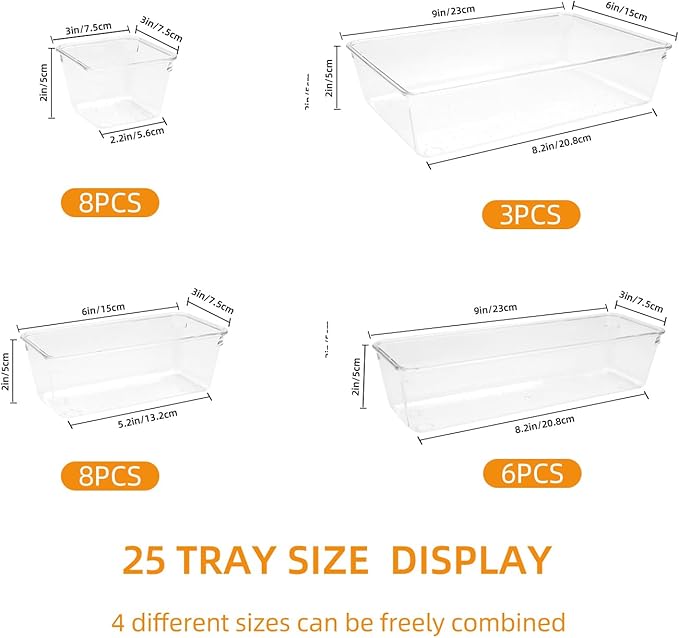 Clear Acrylic Drawer Organizers Set Storage for Makeup, Office Desk Small Vanity Trays for Drawer Bathroom Plastic Make up Or