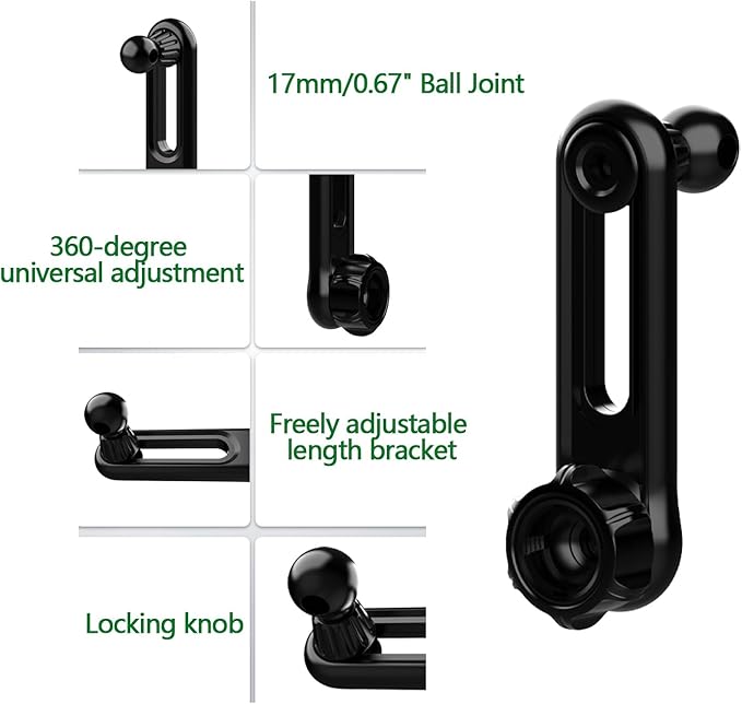17mm/0.67" Ball Joint Extension Arm for Car Vent Phone Holders – 2.04-Inch (52mm) Adjustable Length with 360° Swivel & Phone Holder Mounting Clip, Black