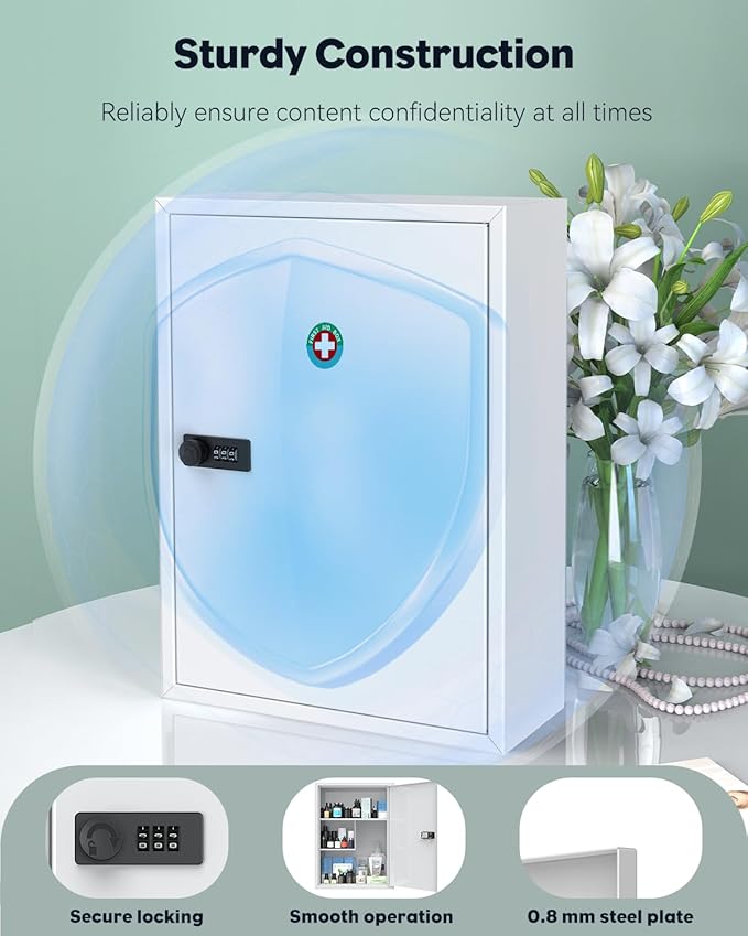 Uniclife Wall Mount Medicine Cabinet with Combination Lock, Locking First Aid Cabinet, Lockable Medical Cabinet, Large Capaci