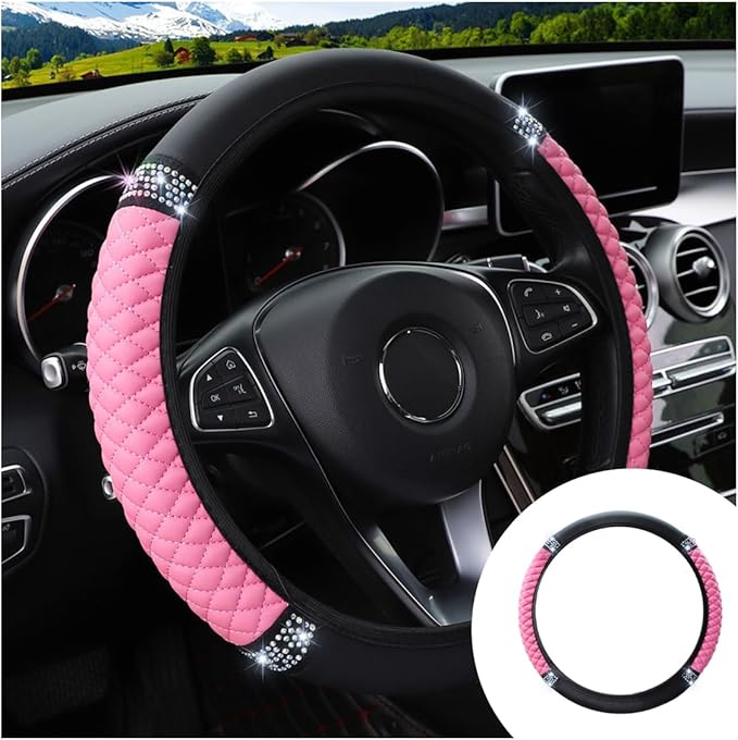 Bling Soft Leather Steering Wheel Cover, 15 Inch Colorful Rhinestones Auto Elastic Protector with Crystal Diamond for Women G