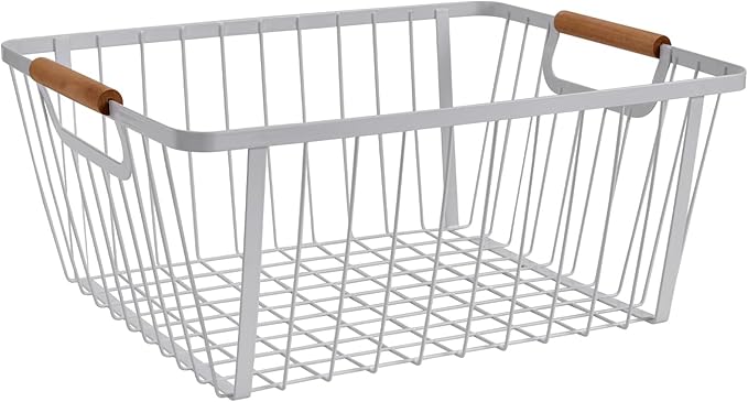LeleCAT Wire Baskets with Wooden Handle ,Metal Wire Storage Baskets Country Vintage Style Storage Baskets.Storage bins for Ki