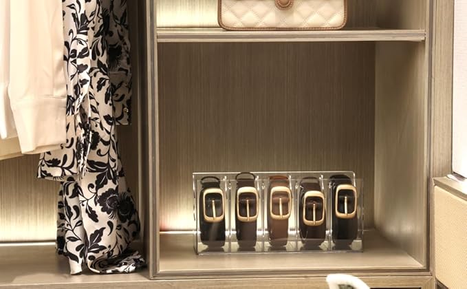 Belt Organizer - 2 Pack Clear Stackable Belt holder For Closet Drawer Storage - 5 Compartments with Removable Dividers, Multi