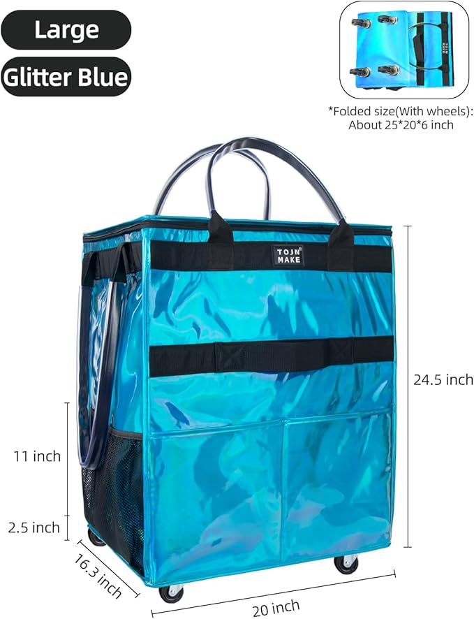 Reusable Grocery Bag with Wheels, Shopping Trolley with 8 Pockets and Zipper Cover Foldable Rolling Tote for Women, Kitchen, Travel, Carries Up to 66LBS (Large, Glitter Blue)