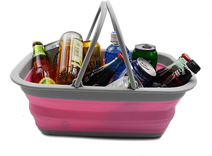 SAMMART 9.2L (2.37Gallon) Collapsible Tub with Handle - Portable Outdoor Picnic Basket/Crater - Foldable Shopping Bag - Space Saving Storage Container (1, Grey/Pink)