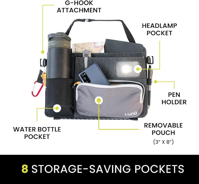 Luno Backseat Car Organizers - Travel Organizer for Road Trip Essentials w/iPad Holder, Snap-On Pouch, Bottle Slot & G-Hooks for Road Trip & Camping - Seat Protector & Organizer Fits All SUVs & Cars