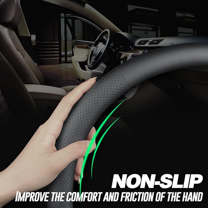 LKWLIKEI Nappa Leather D Shape car Steering Wheel Cover, Non-Slip, Breathable，Universal 15 inch.（D Shape Black）
