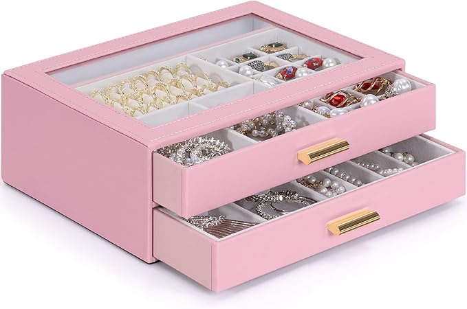 AKOZLIN Jewelry Box with Clear Lid Functional Leather Jewelry Storage Organizer Case 2 Drawers for Women Girls Necklace Ring 