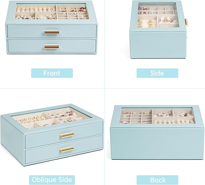 AKOZLIN Jewelry Box with Clear Lid Functional Leather Jewelry Storage Organizer Case 2 Drawers for Women Girls Necklace Ring 