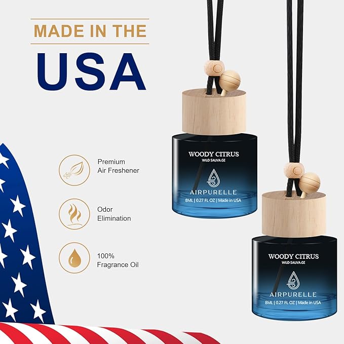 Car Air Fresheners (Woody Citrus) 2 Pack - Air Fresheners for Car Made in USA, Hanging Car Air Freshner with Anti-Leak Stick,