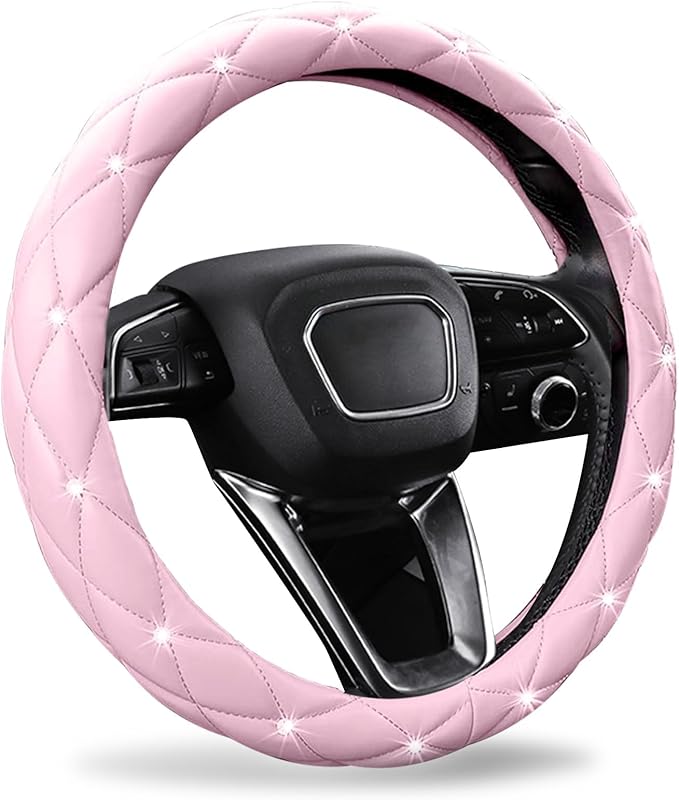 SuperKaKa Pink Steering Wheel Cover 2026, Auto Cute Diamond Bling Comfort Leather Girly Car Interior Accessories Protector Sp