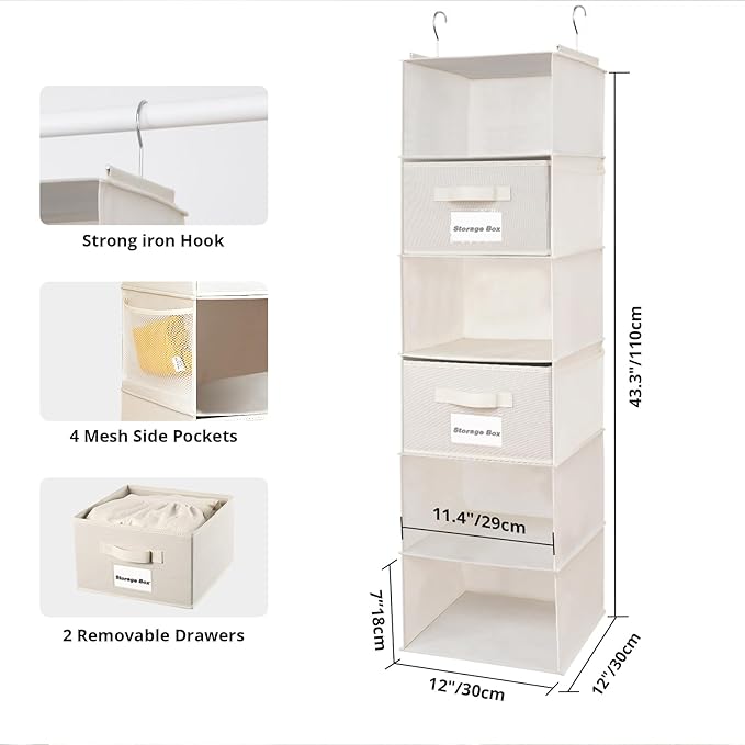 BrilliantJo 2 Pack 6 Shelves Hanging Closet Organizer with 2 Drawer, Hanging Storage with 4 Side Pockets for Clothes Shoes, 4