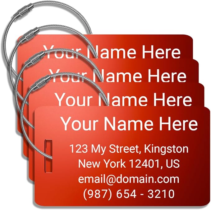 Personalized Luggage Tags for suitcases - Customized Laser Engraved Metal Name Tags with Stainless Steel Wire Loops Pack of 4