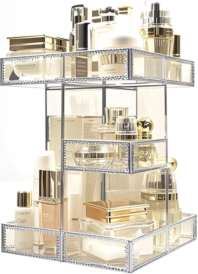 Hersoo 360 Degree Rotation Cosmetic Organizer -Premium Makeup Storage with Spin Base,Antique Countertop Cosmetic Storage,Larg