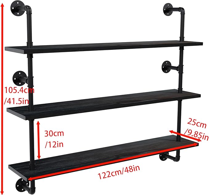 Industrial Pipe Shelving Rustic Black Wall Shelves with Wood Planks Industrial Floating Shelves 48 Inch 3 Tier Farmhouse Book