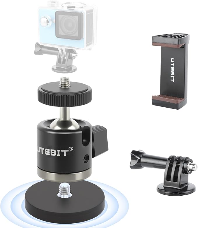 UTEBIT Magnet Camera Mount for Action Camera, 43mm Strong Magnetic Base Mount with 360° Rotation Ball Head & Phone Holder Mount, Compatible with Gopro Hero, DJI Osmo Action Osmo Nano, Insta360, Black