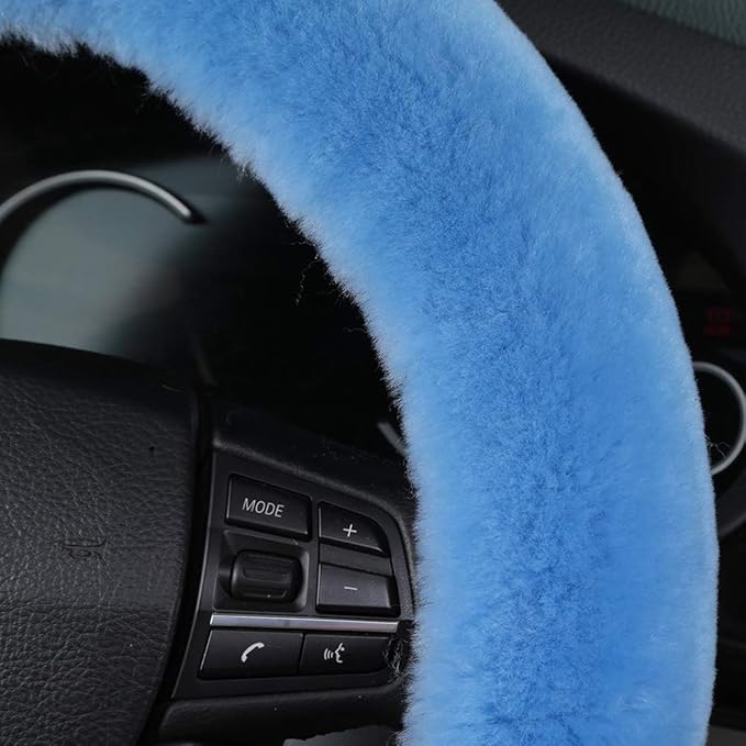 Fuzzy Fluffy Soft Wool Sheepskin Fur Blue car Steering Wheel Cover for Adults Girls Women Men Protector Universal 14 1/2-15 1