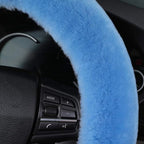 Fuzzy Fluffy Soft Wool Sheepskin Fur Blue car Steering Wheel Cover for Adults Girls Women Men Protector Universal 14 1/2-15 1