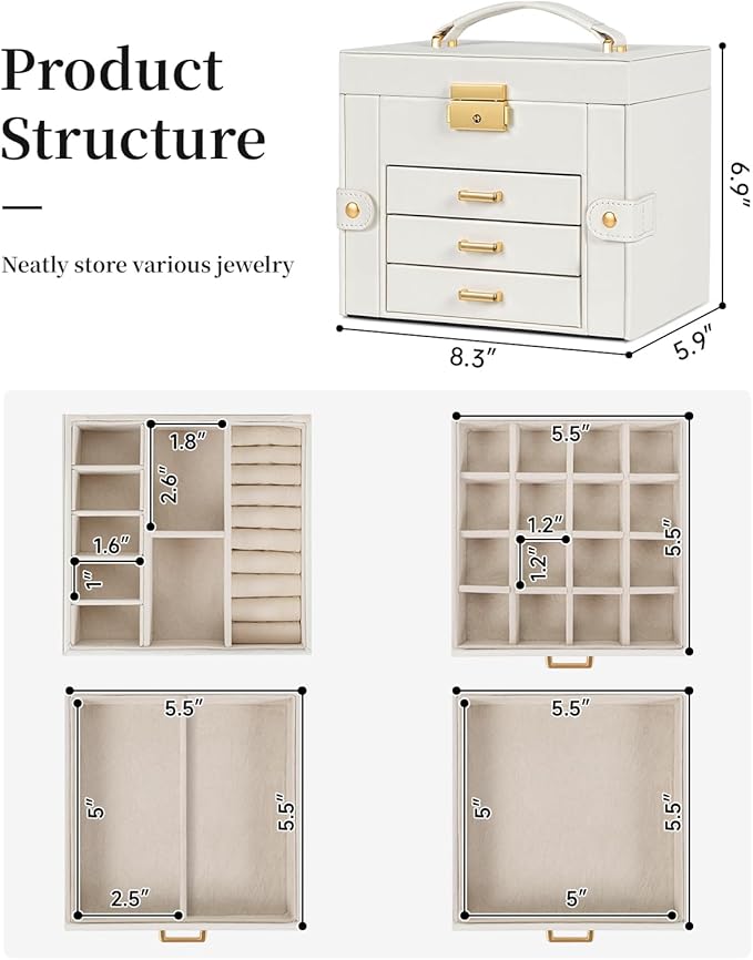 TORIBIO Jewelry Box for Women, Leather Jewelry Organizer with Mirror & Lock, 4-Tier Jewelry Storage Organizer with 3 Drawers 