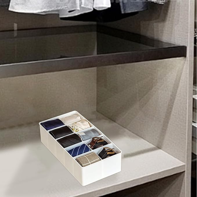 Plastic Belt Organizer, 10 Section Drawer Organizer for Storage Belt, Ties, Underwear and Socks, White Removable Dividers Sto
