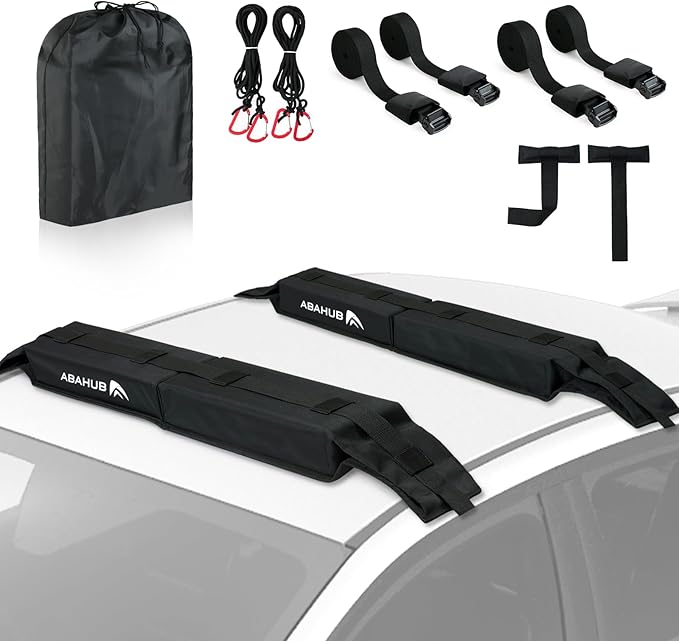 Abahub Car Soft Roof Rack Pads for Kayak,Canon,Surfboard,SUP Include 2 Tie Down Rope, 2 Quick Loop Strap, 2 Heavy Duty Tie Down Straps and a Storage Bag(Black)