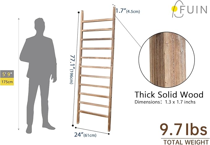 FUIN 6.4ft Extra Wide Wooden Blanket Ladder Living Room Decorative Wal Leaning Farmhouse Quilt Display Holder Rustic Wood Tow