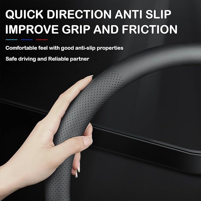 Tricolor Stripes D-Type Steering Wheel Cover, Cute Steering Wheel Cover for Women, 14.5-15 Inch Non-Slip Breathable Microfibe