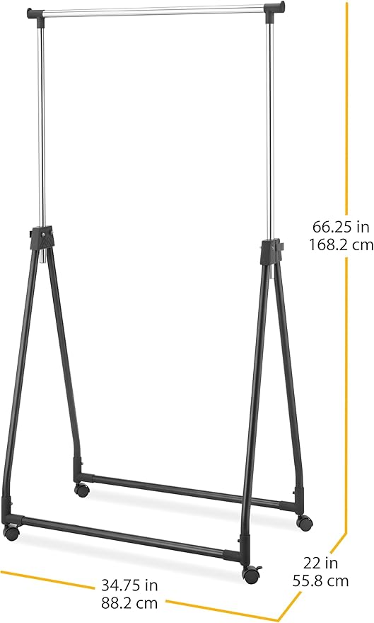Whitmor Folding Garment Rack - Rolling Clothes Hanger - Adjustable Height - Black