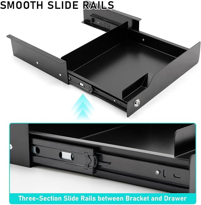 Under Desk Drawer Storage with Lock, 16"x11.8"x3.6", Metal Undermount Table Drawer, Ball Bearing Slides Out Tray Organizer fo
