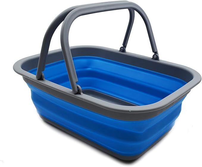 SAMMART 9.2L (2.37Gallon) Collapsible Tub with Handle - Portable Outdoor Picnic Basket/Crater - Foldable Shopping Bag - Space Saving Storage Container (1, Dark Grey/Blue)