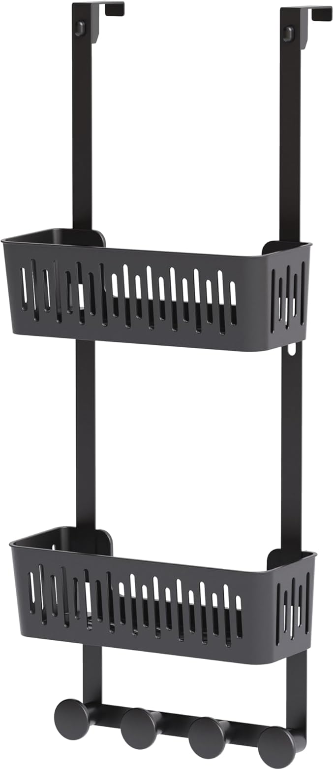 Zenna Home SnugFit Over the Door Caddy Organizer with 2 Storage Baskets and 4 Hooks, Over Door Hanging Organizer for Bathroom