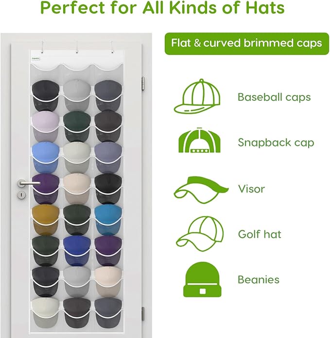 Unjumbly Baseball Hat Rack, 27 Pocket Over-The-Door Hat Organizer with Clear Deep Pockets to Display Baseball Caps Collection