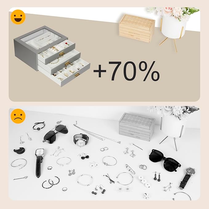 Jewelry Box Organizer with 3 Drawers,Glass Lid Jewelry Boxes for Women,Jewelry Storage for Rings,Necklaces,Earrings,Bracelets