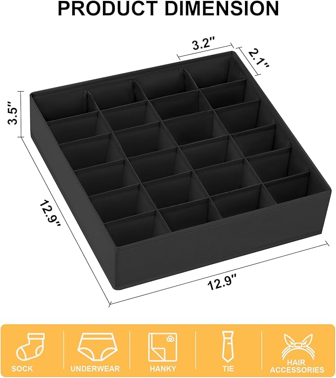 Joyoldelf Sock Drawer Organizer Divider Underwear Organizer 24-cell Fabric Dresser Drawer Organizers Storage Boxes for Socks 