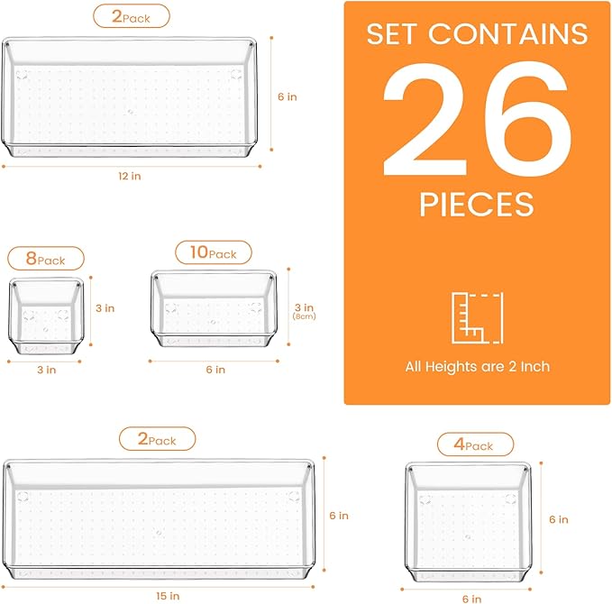 Criusia Drawer Organizer, 36 Pack Large Clear Plastic Drawer Organizers Set, 3 Size Versatile Bathroom and Vanity Drawer Orga