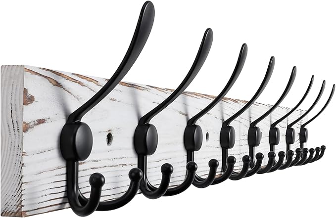 Kuhome 32.2'' Large Coat Rack Wall Mount Coat Hooks with 8 Metal Black Triple-Hooks Old White Pine Real Wood Plank Hat Rack f