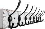 Kuhome 32.2'' Large Coat Rack Wall Mount Coat Hooks with 8 Metal Black Triple-Hooks Old White Pine Real Wood Plank Hat Rack f