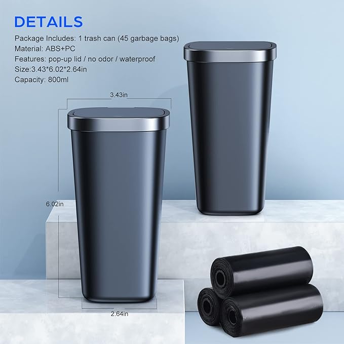 2 Pack Mini Car Trash Can with Lid and 90 Bags, Small Cup Holder Trash Can for Car Door Home Office Bedroom Desktop - Waterproof & Odor Blocking (2Black)