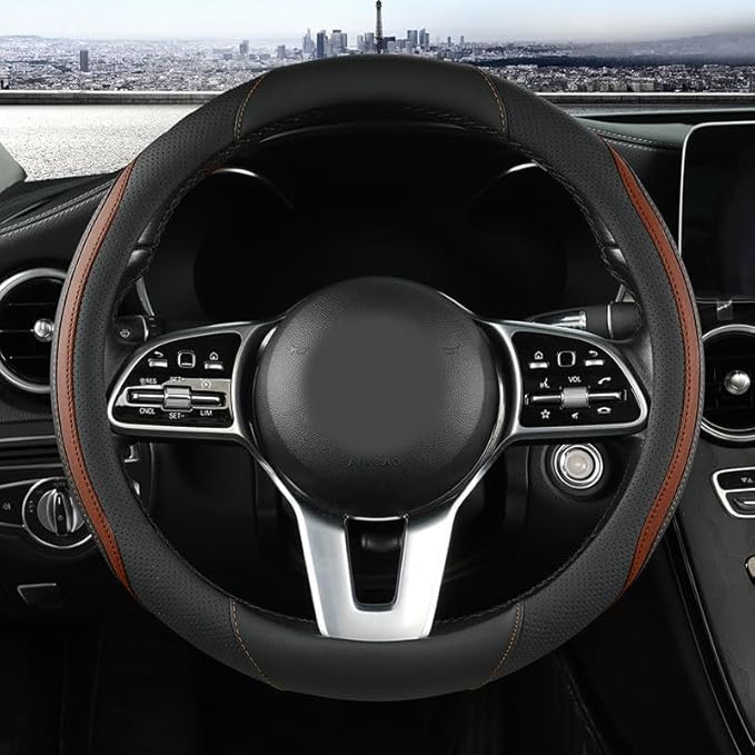 Car Steering Wheel Cover, Leather Steering Wheel Cover Brown Universal 14.5-15 Inch Microfiber Leather Anti-Slip Breathable A