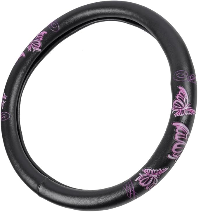 BDK Design Comfort Grip Steering Wheel Cover for Car SUV Van and Truck, 15 inch Standard Size, Pink Butterflies